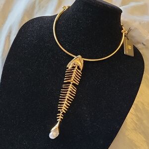 House Of Harlow 1960 Gold Fishbone Pendant Choker Necklace Pearl HL Bnwt